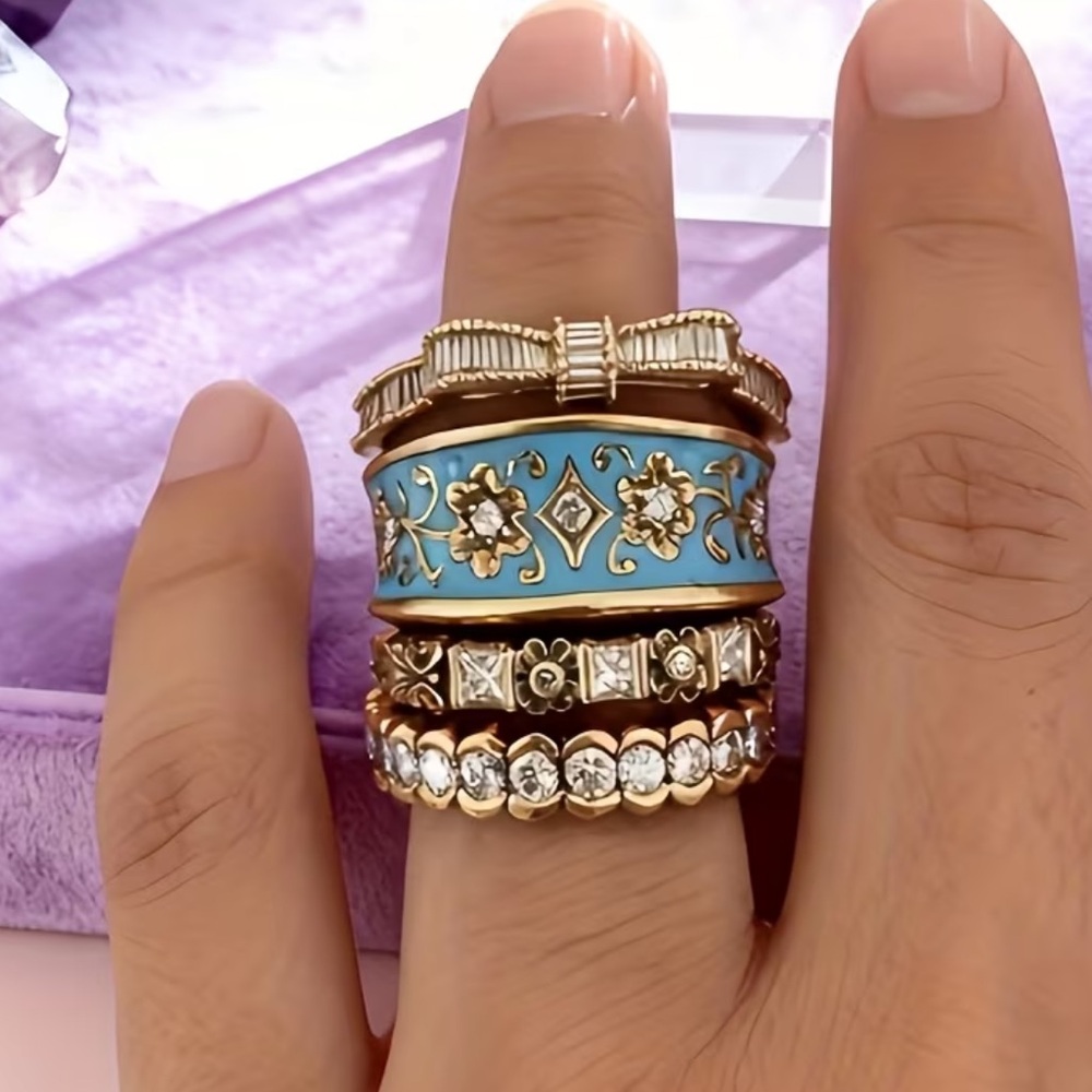 Retro Copper Hand Carved Texture Palace Turquiose Gold Ring Set - SIZE 9